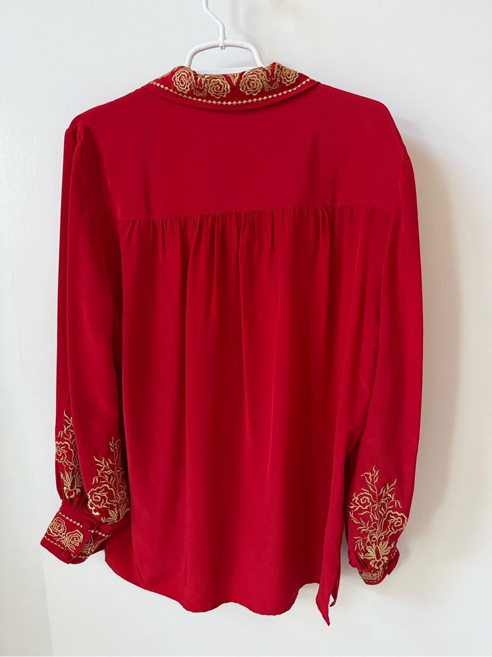 Vintage 100% Silk Diane Von Furstenberg Red Gold Embroidered Button Front Blouse - Picture 5 of 14